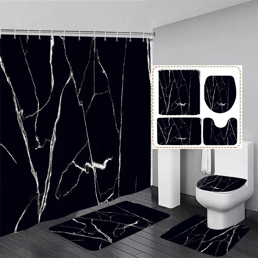 Marble Shower Curtain Set Creative Watercolor Ink Art Geometric Modern Bathroom Decor Floor Rug Bath Mats Toilet Lid Cover
