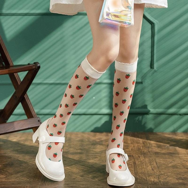 Crystal Glass Silk See Through Long Socks for Women Elegant Sweet Strawberry Pattern Ultrathin Knee Highs Stockings
