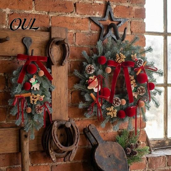 Handmade Wreath for Balcony Christmas Artificial Garland with Pinecones Cinnamon And Red Bows, Decorative Hanging Rustic Pinecone Pendants Winter