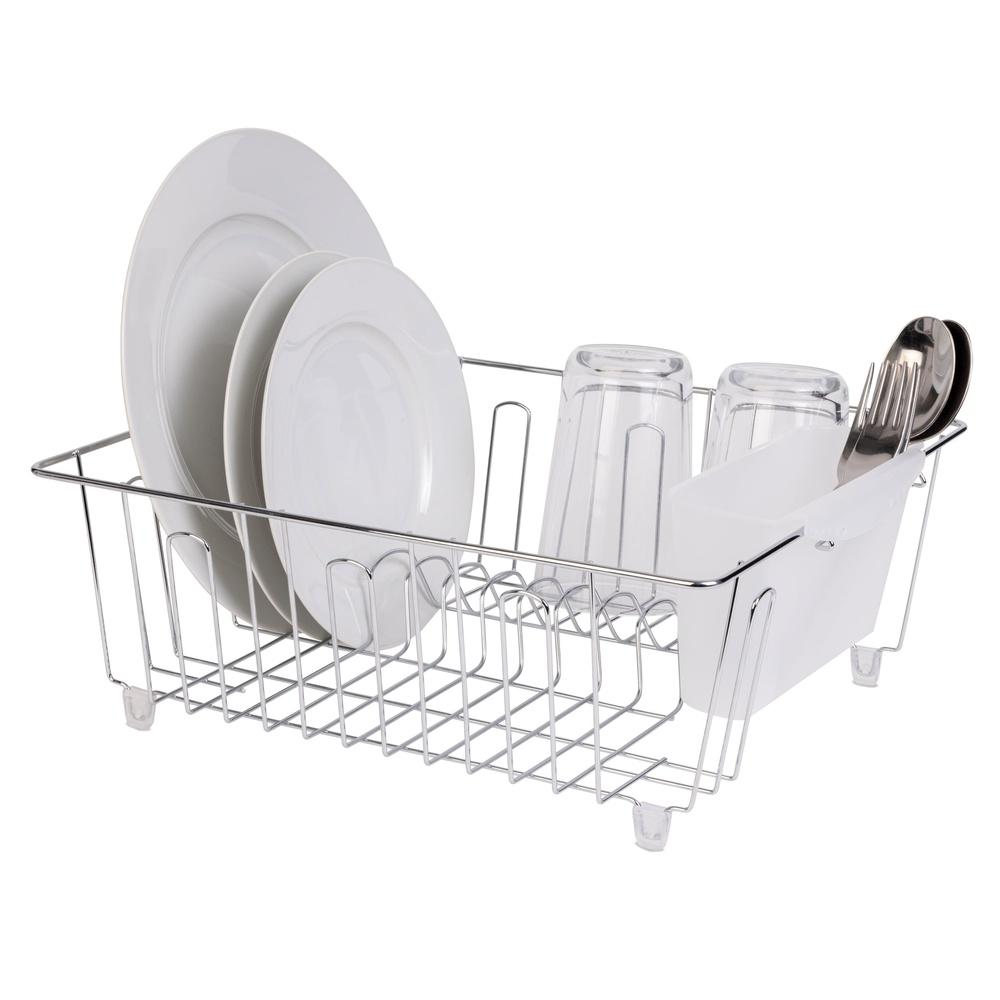 Small Wire Dish Rack Kitchen Organizer with Cutlery Cup Compact Dish Drainer Stainless Steel Countertop Drying and Storage