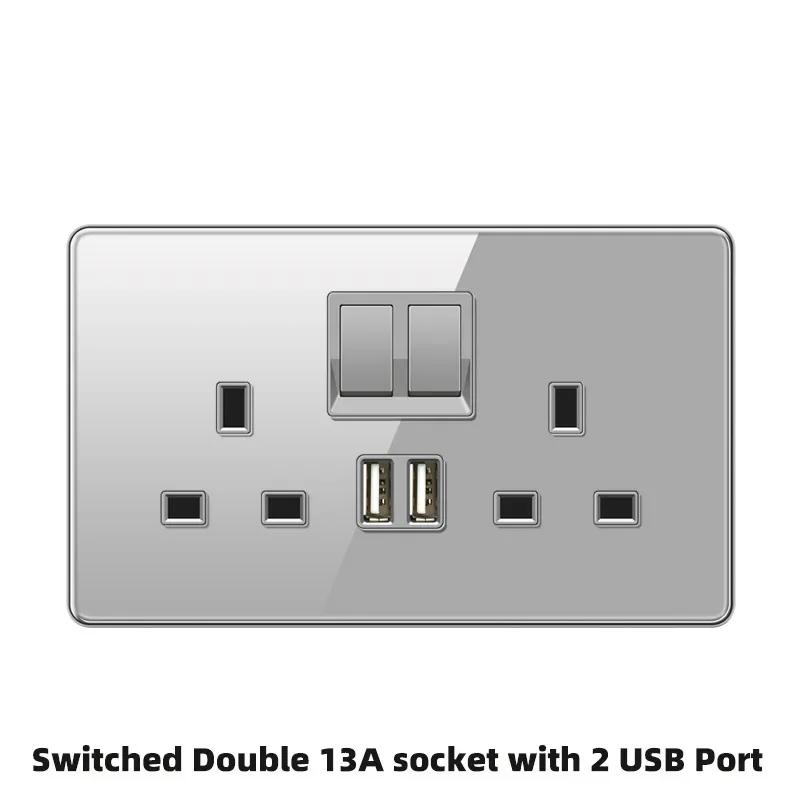 Deluxe Grey Tempered Glass Panel UK 13A Plug Electrical Socket, Double 5 Pin Socket and Switch, EU Universal USB C Wall Socket