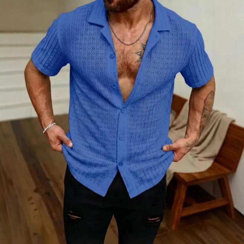 Summer New Solid Color Jacquard Hollow Lapel Shirt Men's Casual Sports Tops