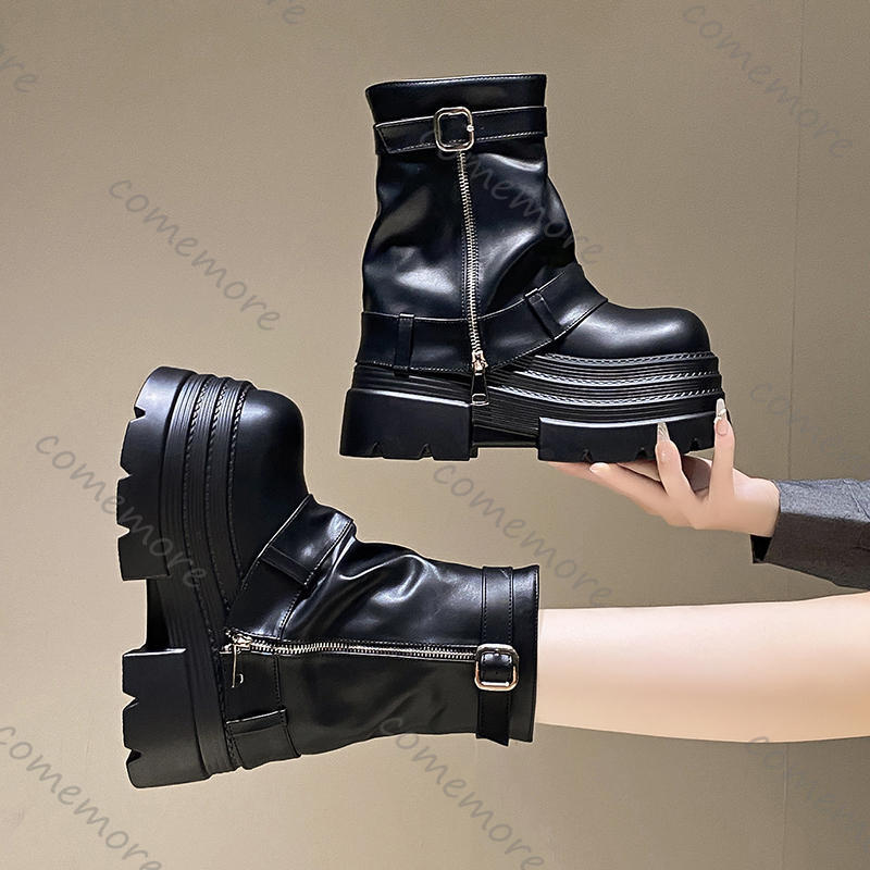 Fashion Comemore 10cm Height Increase Ankle Boots for Women Autumn Platform Punk Style Motorcycle Botines High Heel Western Botas Female