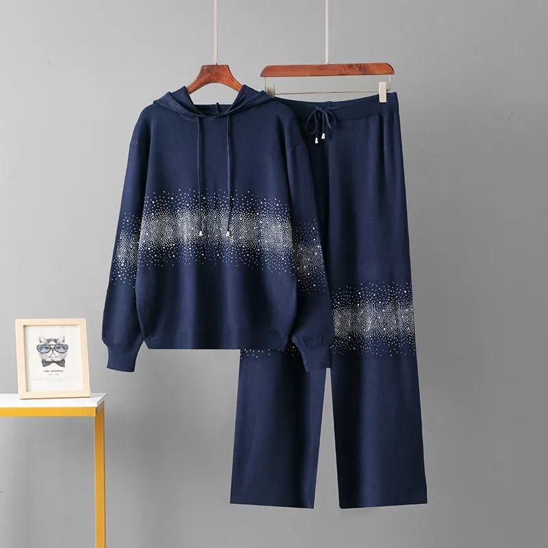 

2025 New Idle Style Gradient Hot Drilling Loose Hood Pullover Hoodie + Wide Leg Pants Set Women two-piece Royal Blue All yards