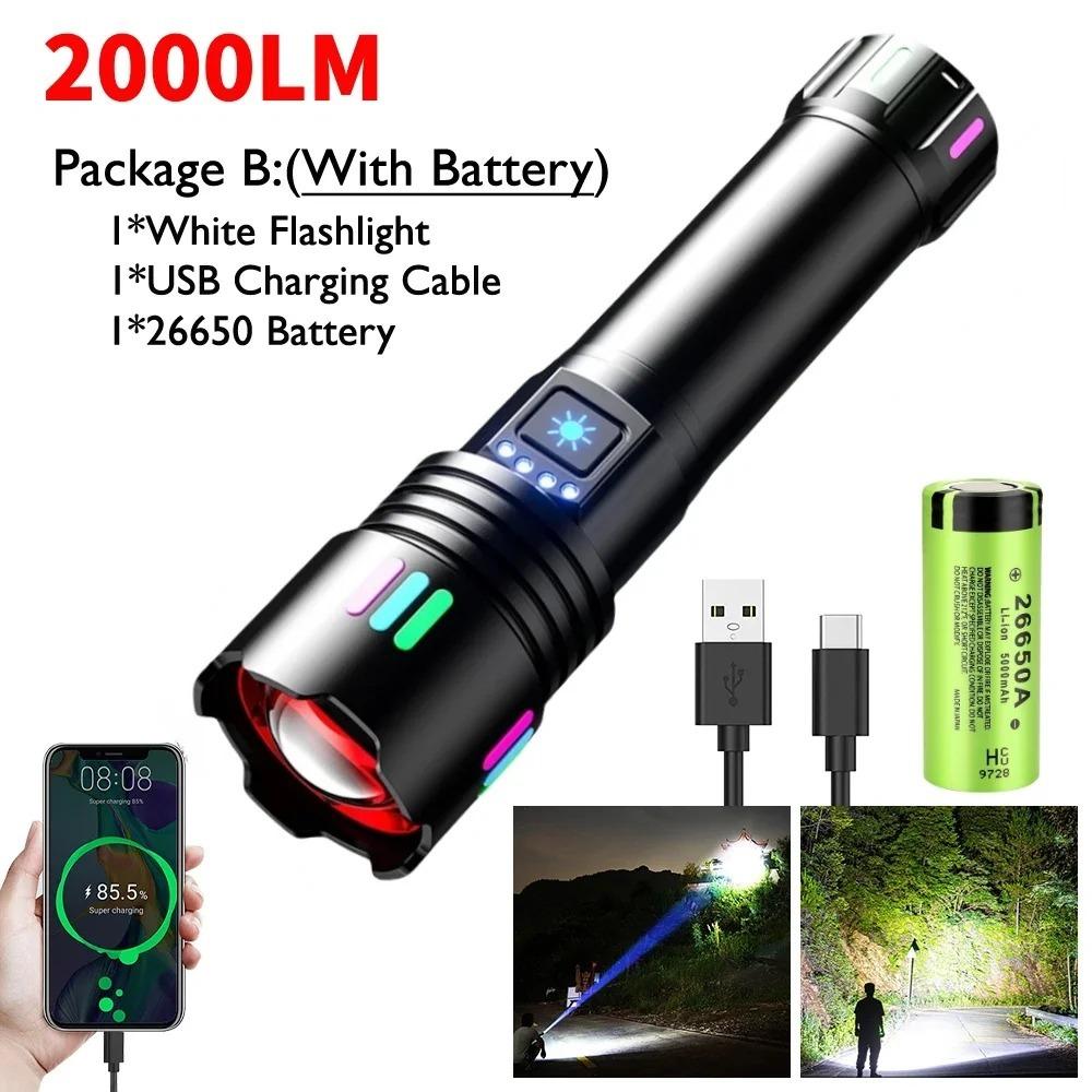 White Laser Flashlight TYPE-C Rechargeable Military Tactical Zoomable Portable LED Camping Search Spotlight