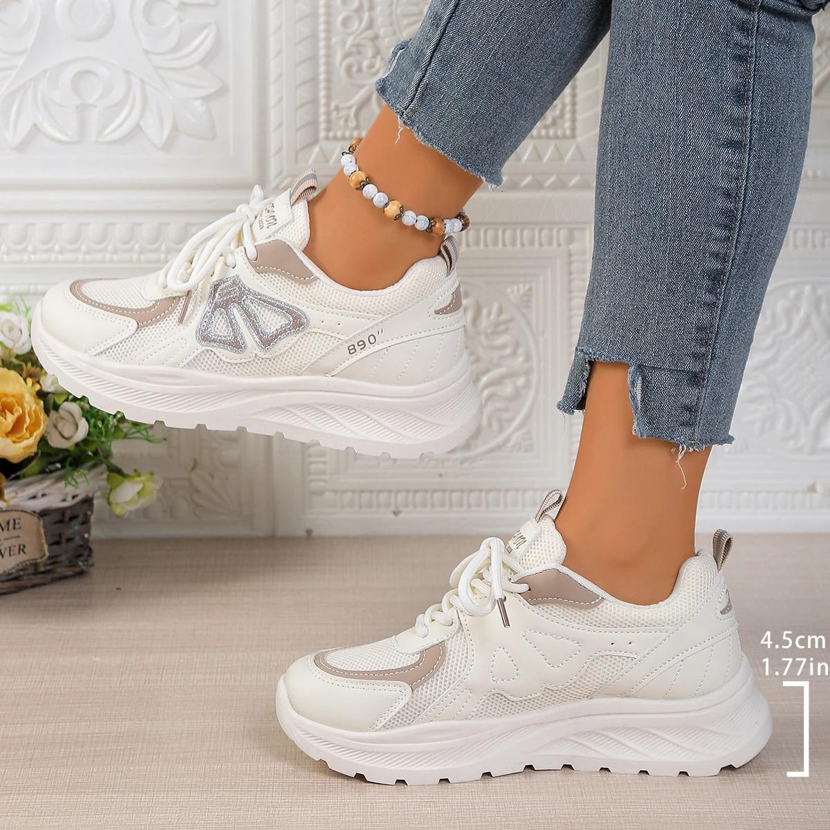 Women s White Sneakers Spring  Breathable Mesh Chunky Platform Flats Women Fashion Butterfly Lace Up Casual Shoes Woman 36