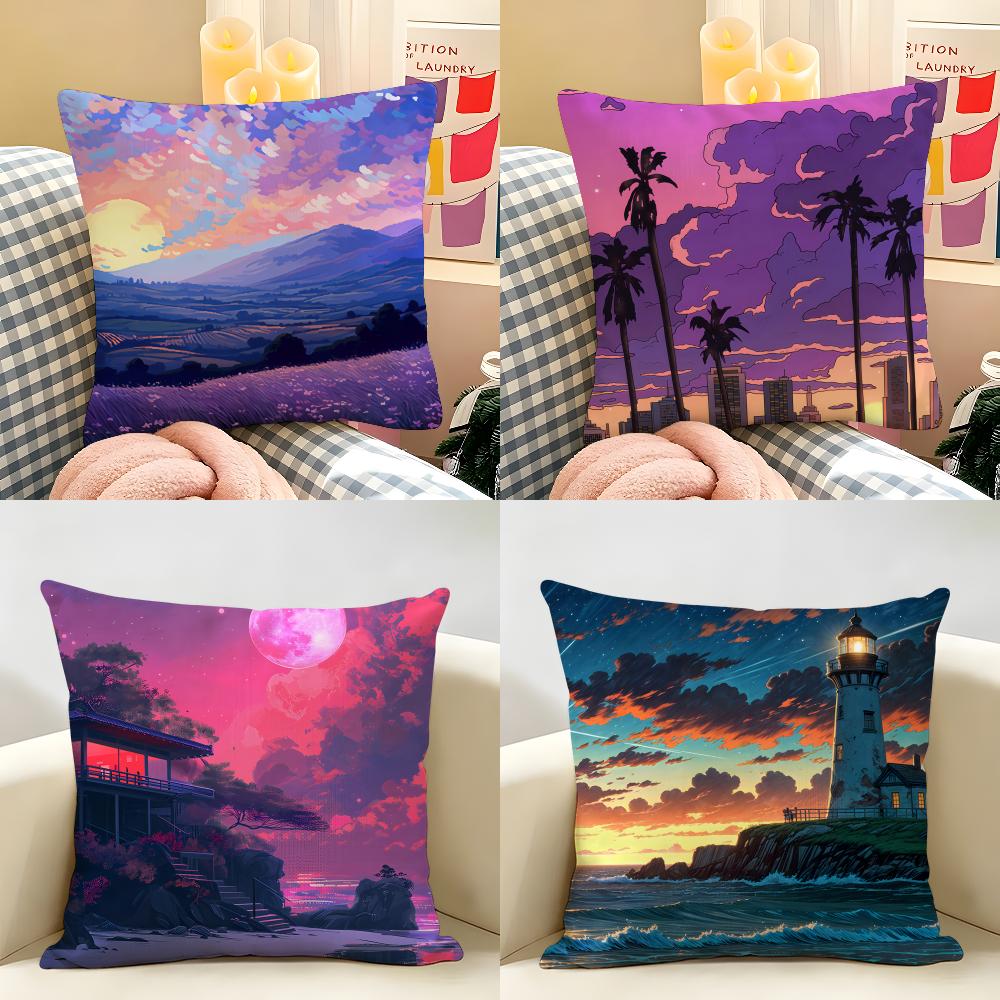 Anime Scenery Design Cushion Cover Natural Linen Organic Fabric DoubleSided Printing Room Sofa Decor Pillow Case
