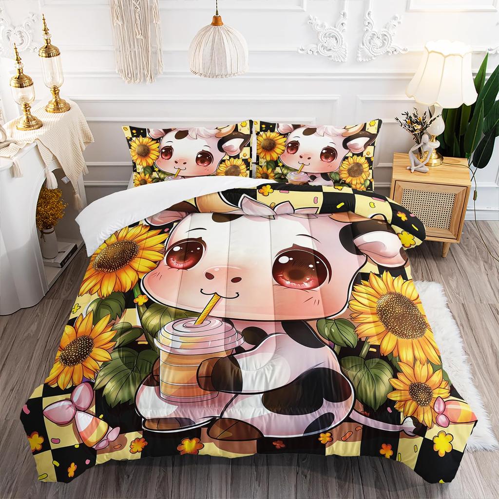 Abstract Cow Print Soft Duvet Cover Quen Sized Dimensions for Young Boys Young Girls Bedrom, Pink Cow Silhouete Beding Set,Animal Themed Warm