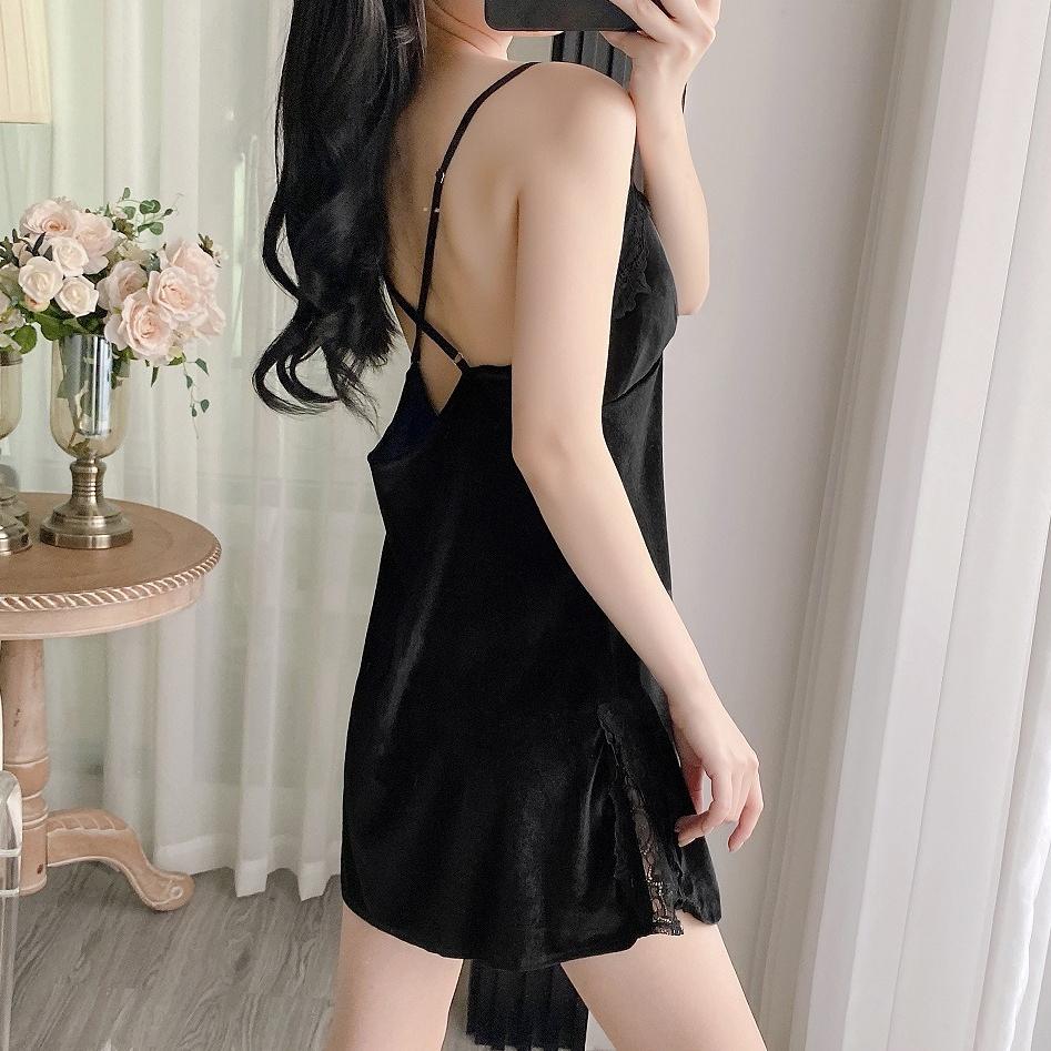 Women’s Autumn Winter Pleuche Nightgown with Built-In Bra Lace Trim Camisole Sleep Dress Sexy Loungewear
