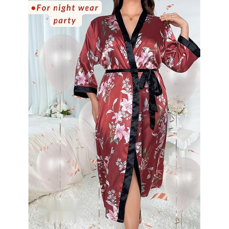 Women's Plus Size Valentines Robe, Sexy Satin Robe Long Sleepwear