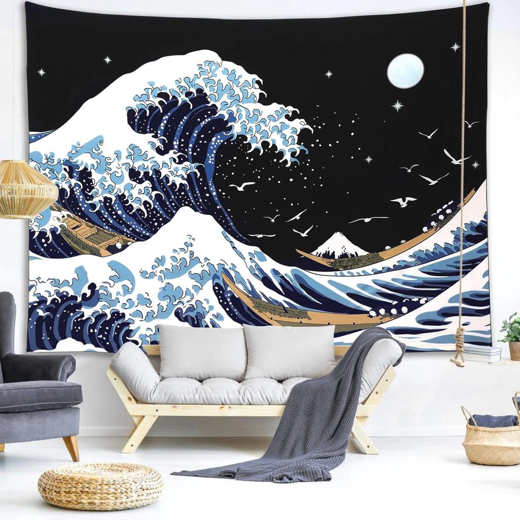 Große Meereswelle Wandteppich Asiatischer Anime Berg Rote Sonne Kirschblüte Wandteppich Zuhause Wohnzimmer Schlafzimmer Wand Moderne Kunst Wandteppiche