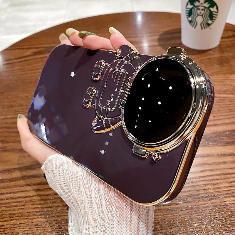 

Cute Cartoon Astronaut Glitter Case For iPhone 14 13 12 15 16 Pro Max Plus 11 Bracket Gradient Plating Stand Transparent Cover For iPhone 14