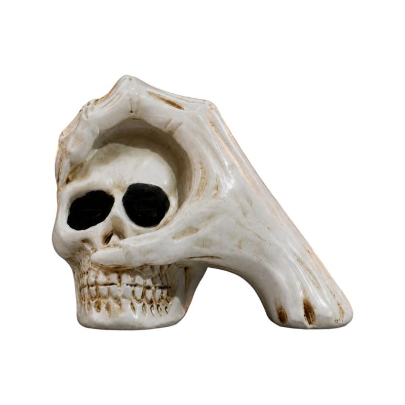 Resin Skull Figure for Halloween Display, Hand Over Skull Accent with Clear Bone Texture for Shelf Spots, Window Styling and Party Corner Use