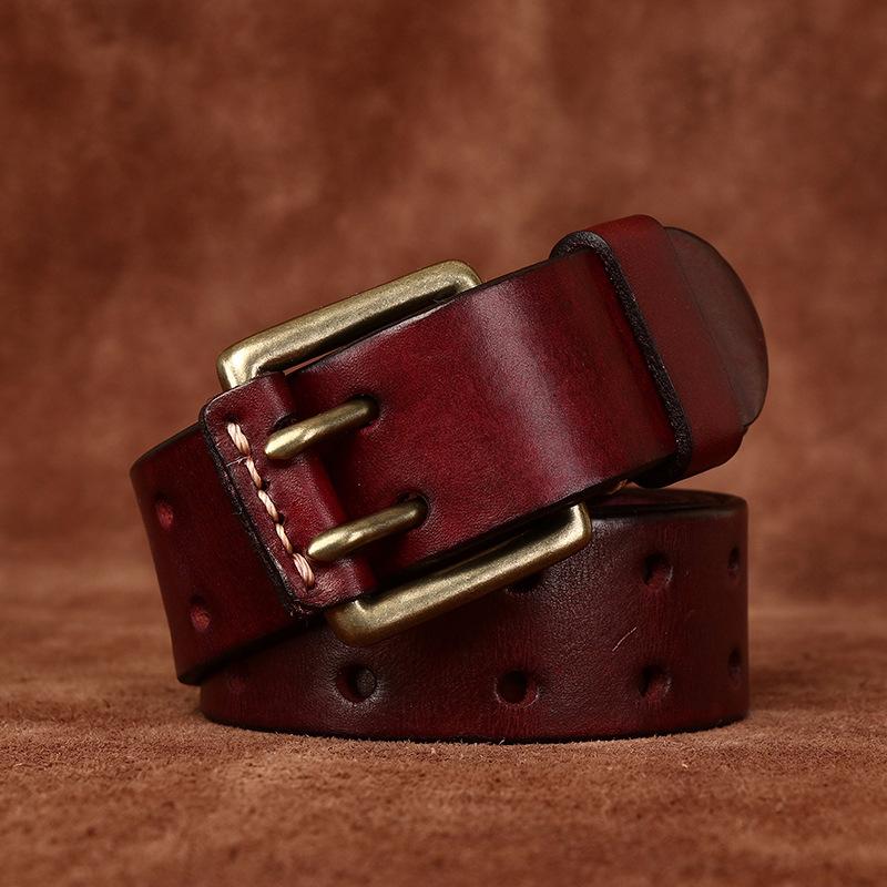 Factory Direct Sales Men's Genuine Leather Belt Double Needle Buckle Head Layer Cowhide Retro Youth Copper Buckle Belt