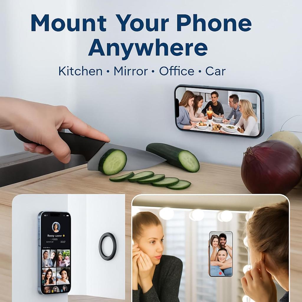 Magnetic Phone Wall Mount – Hands-Free Shower Mirror Holder & Car Sticker Stand, Compatible with iPhone 17 16 15 14 13 12 Pro Max Mini (Black)