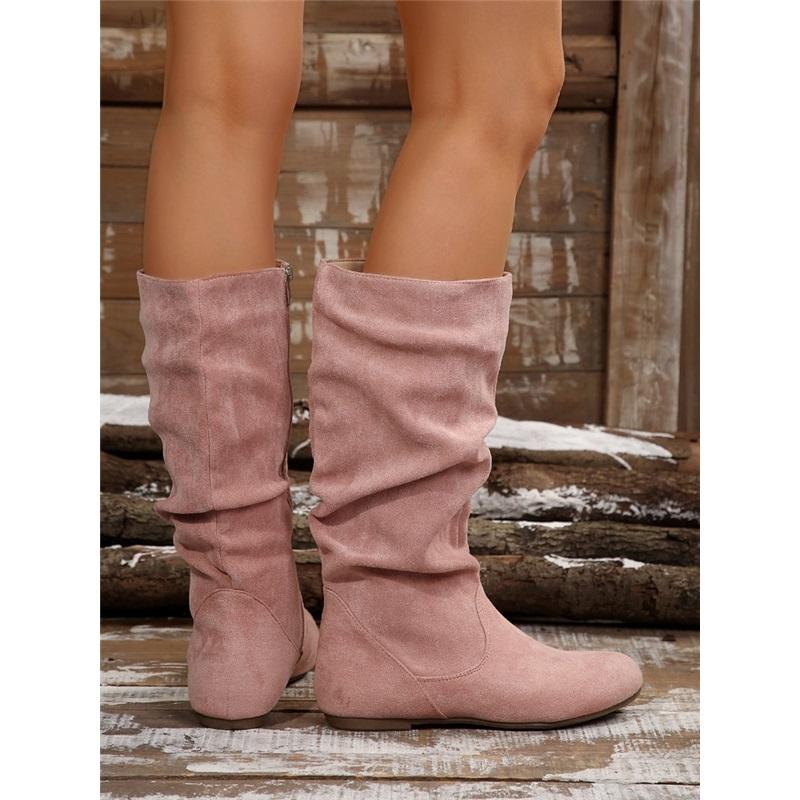 Women Western Mid‑Calf Boots Suede Wrinkle Flat Heel Side Zipper Casual Slouch Boots Fashion Fall Winter Daily Shoes