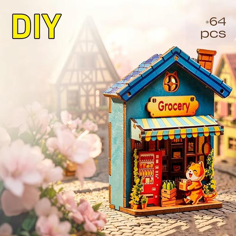DIY 3D Wooden Mini House Puzzle Toy Fridge Magnet Handmade Animals Shop Creative Assembly Model Kit Home Decor Gifts for Friends