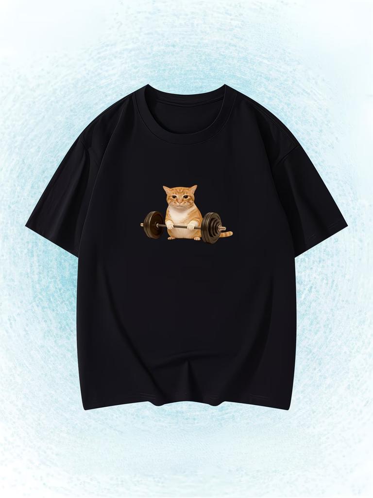 Unisex Funny Orange Cat Weightlifting Gym Graphic Tee Short Sleeve Casual Summer Streetwear Gift For Pet Lovers