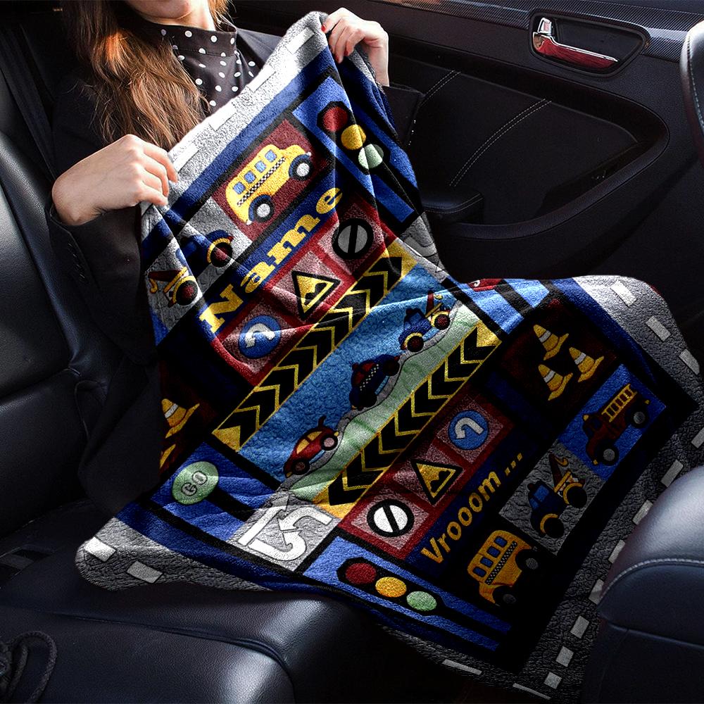 Custom Name Cute Cars Theme Printed Blanket - Perfect for Couch, Bed, Travel & Outdoor Use | Machine Washable, Cozy & Durable.