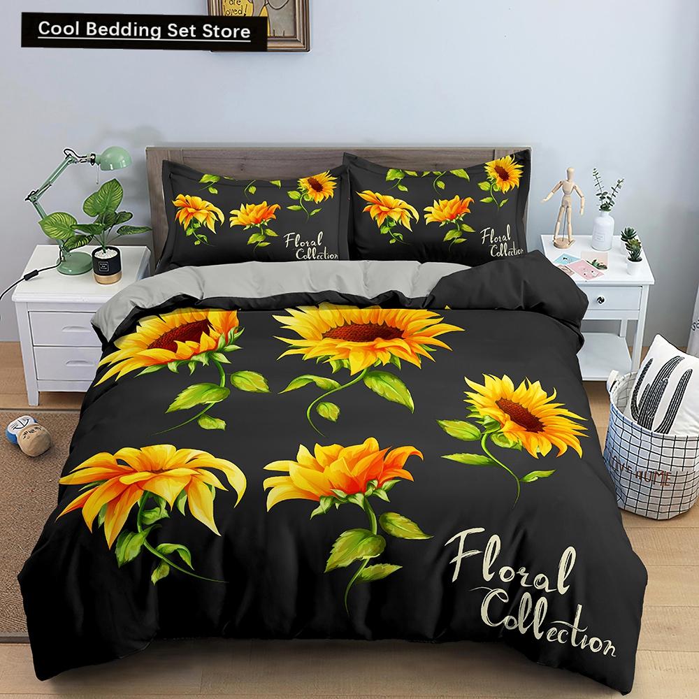 3D Sunflower King Queen Duvet Cover Yellow Flowers Bedding Set  Floral Green Leaves Comforter Cover 2/3pcs Polyester Quilt Cover