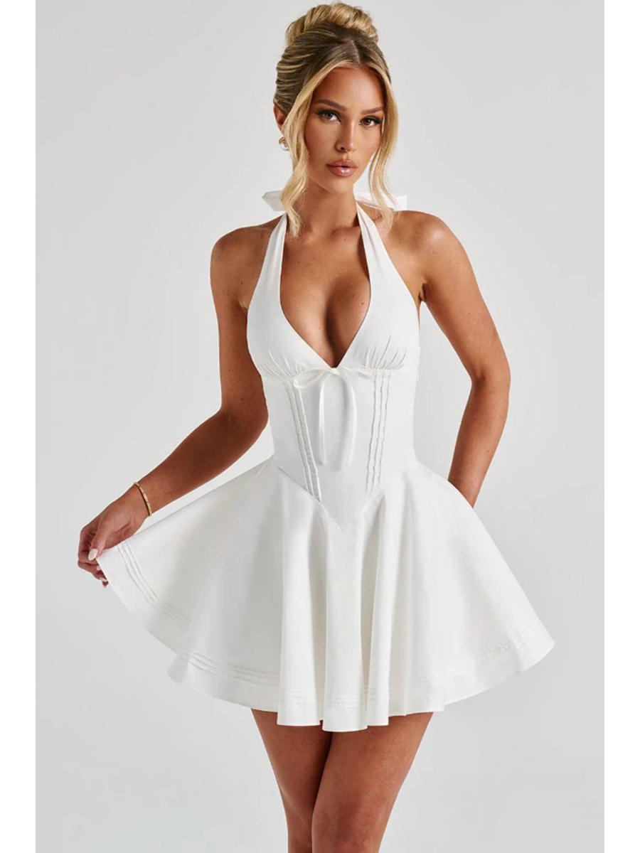 

Женское весеннее платье 2025 года белое с глубоким V-образным вырезом, без рукавов, на бретелях-халтер, со сладким бантом на талии Medium белый