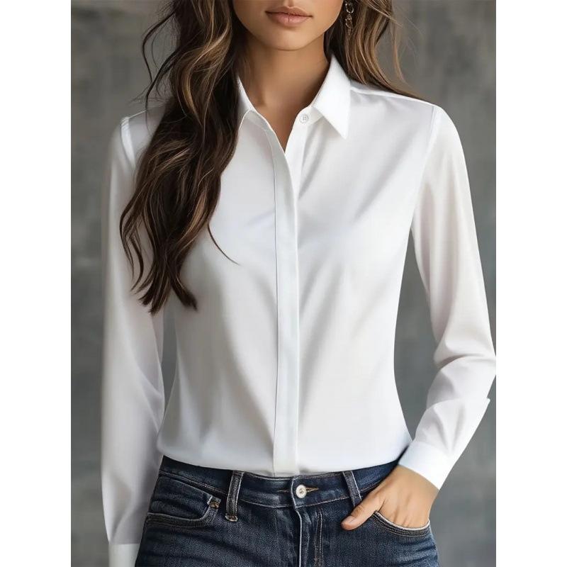 New Autumn Solid Color Long-sleeved Versatile Shirt Lapel Satin Shirt