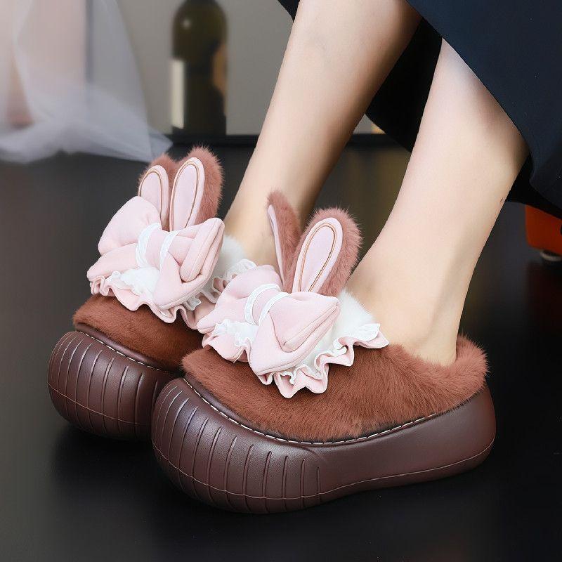 New Pink Bunny Ears Platform Slipper Women'S Chunky Clogs Shoes Home Lolita Slippers Woman Warm Plush House Shoes Rabbit Sliper
