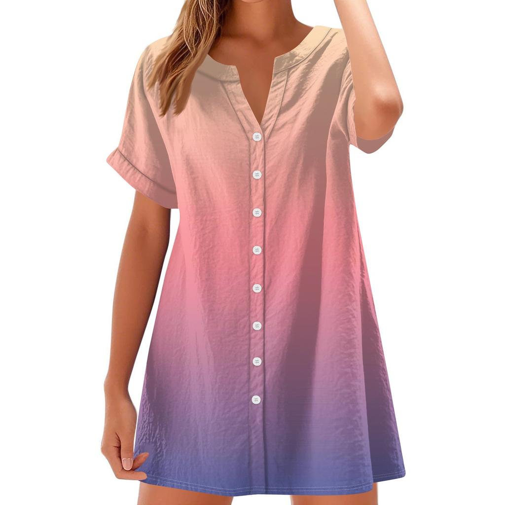 Women Fashion Casual V-neck Short Sleeve Button Gradient Print Dress
