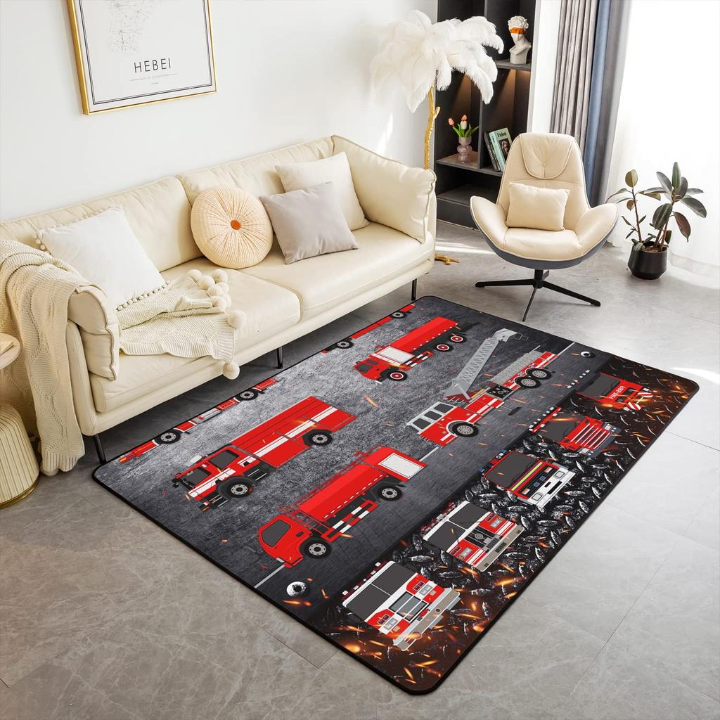 Firefighting Truck Area Rug, Fire Truck Carpet for Teen Boys, Cartoon Emergency Rescue Vehicle Floor Mat for Living Room Bedside