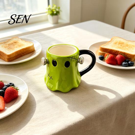 Dreidimensionale Geistertasse Grüne Keramik-Wassertasse mit Henkel, 3D Halloween Dekorationstasse, Thematische Kaffee Tasse 490ml Fassungsvermögen, Kreatives Trinkgeschirr