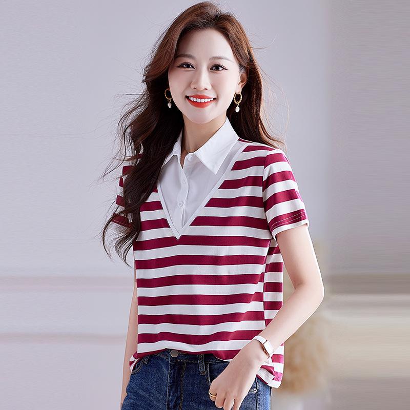 Damen Sommer Locker Geschnittenes Poloshirt mit Kragen – Fake Zweiteiler, Gestreift, Kurzarm, Reine Baumwolle