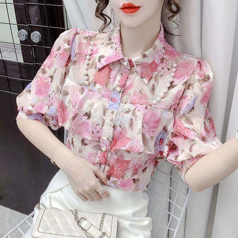 New Summer Pearl Ruffle Edge Floral Chiffon Blouse Sweet Turn Down Collar Floral Short Sleeved Bottoming Shirt