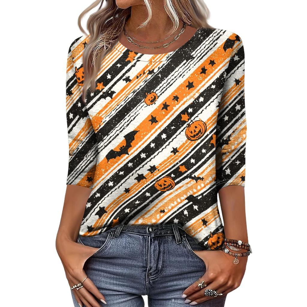 Women's Casual Halloween Print Pullover Top Three Quarter Sleeve Round Neck Shirt Lightweight Comfortable Fabric
