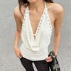 American Street Style Rivet Swing Halter Crop Top - Open Back, Solid Pleated Design for Spicy Girl