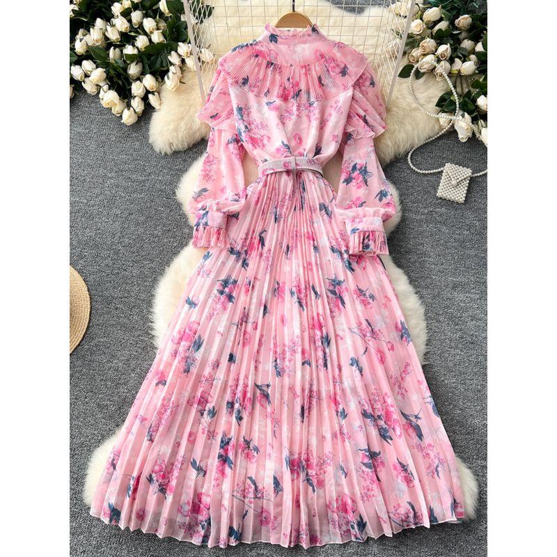 French Style Fancy Print Chiffon Dress Women's Ruffles Patchwork Waist-Slimming Slim Looking Elegant Elegance Pleated Dress