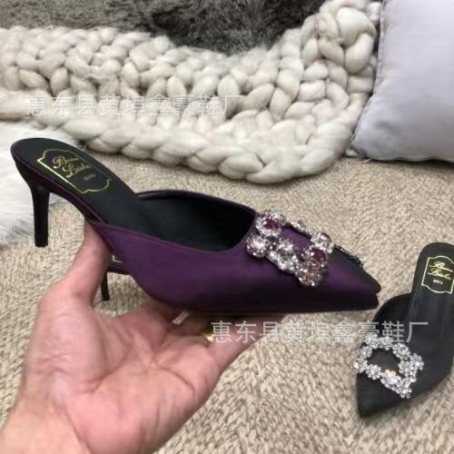 

Summer new pointed rhinestone purple sexy sandals high heels women s stiletto half-drag square buckle bag head slippers 40