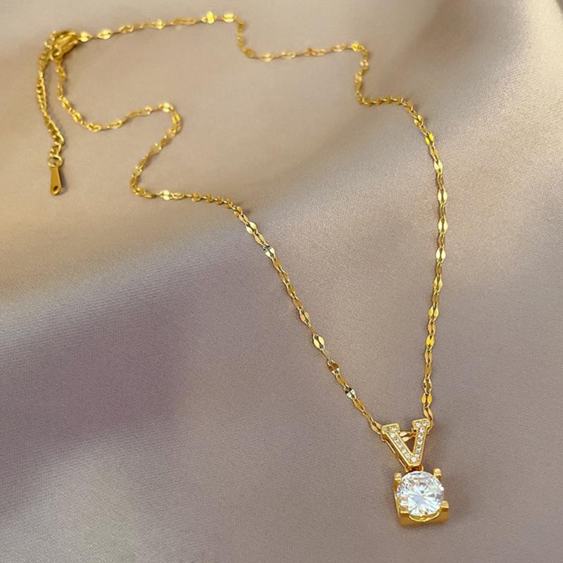 Sztuczne Kamienie Szlachetne Nie Blakną Kolor Wisiorek Litera V Naszyjniki ze Stali Tytanowej Dla Kobiet Złoty Łańcuszek na Szyję Biżuteria Prezent Dla Dziewczyny