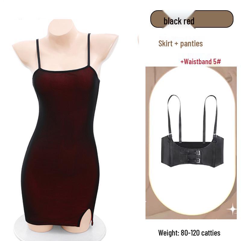 Red Color Block Strappy Bodystocking Nightgown with Thigh Highs and Sexy Lace Edging