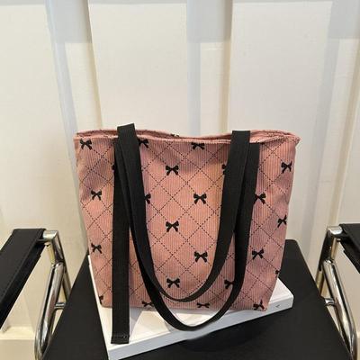 Bow Pattern Commuting Bag Corduroy Handbag Large Capacity Women Tote Bag Multi-pockets Fashion Shoulder Bag