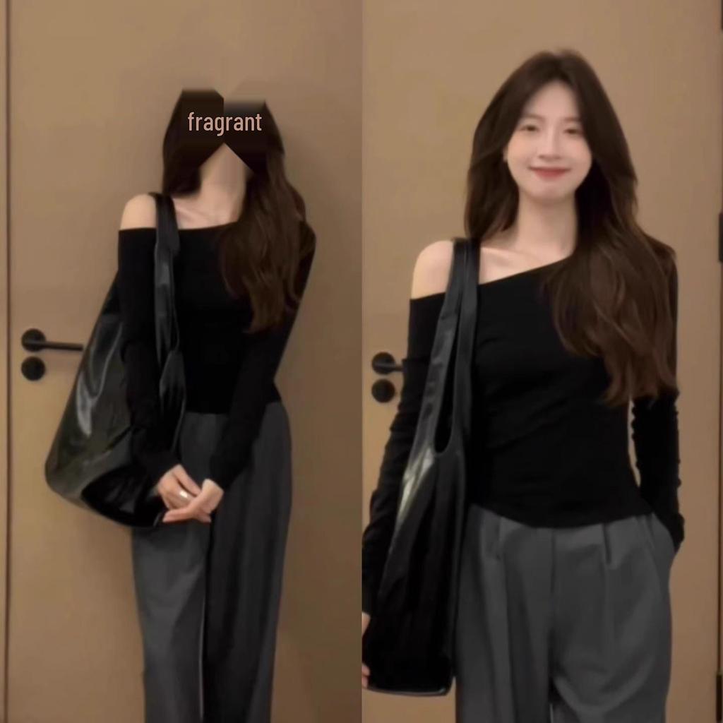 Neues schickes asymmetrisches schulterfreies Modal-Langarm-Top - Frühling & Herbst