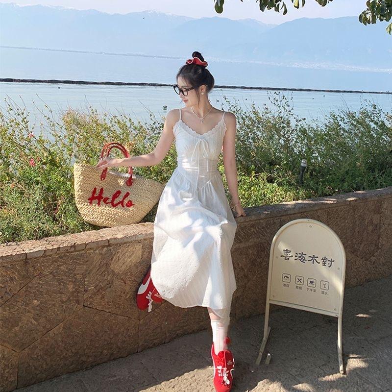 Fresh and Sweet White Suspender Dress, Summer New Temperament Long Dress, French Waist Holiday Dress