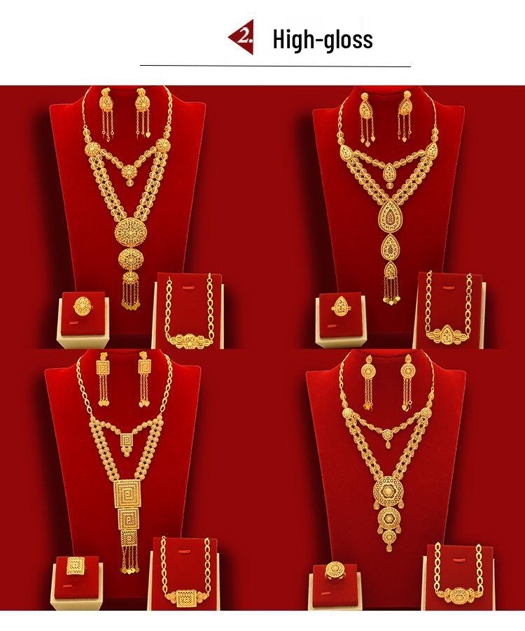 Dubai 24K Gold Jewelry Set: Wedding Necklace, Bracelet, Earrings, Ring - Arab Bride Collection