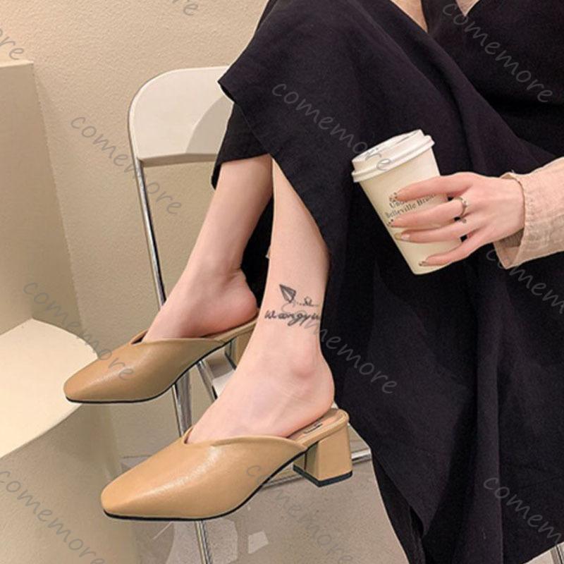 Fashion Comemore Baotou Half Slippers Women Summer New Outer Wear Fashion Solid Color Square Toe Thick Heel High-heeled Women's Shoes
