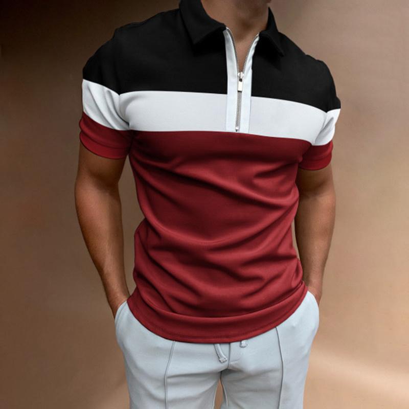 Summer Men's Casual Striped Houndstooth Digital Print T-Shirt Zipper Polo Shirt