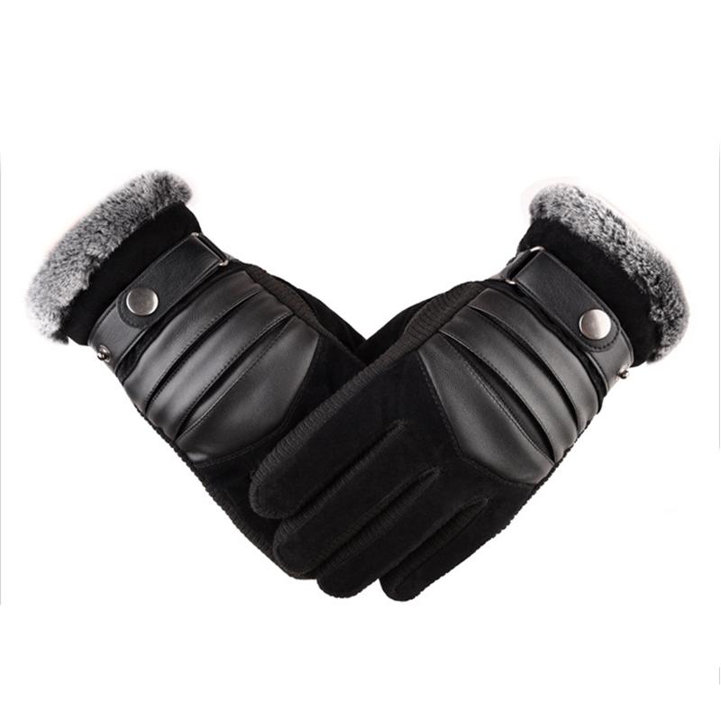 Brown Mens Leather Gloves Real Pigskin  Winter Gloves Warm Thick Driving Skiing Men's Gloves