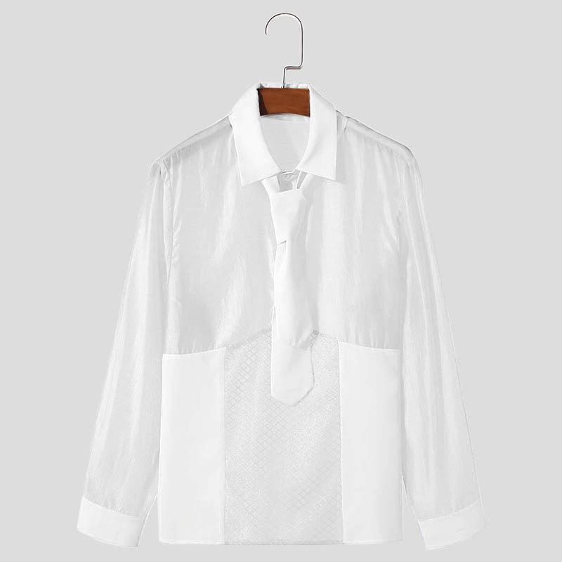 

INCERUN Мужская прозрачная рубашка с завязками на лацканах и лоскутным узором, полыми пуговицами, повседневная рубашка с длинным рукавом XL белый