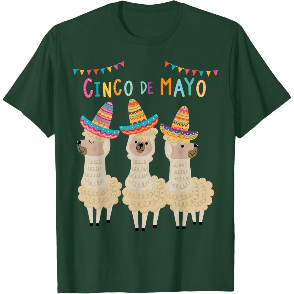 Cinco De Mayo Llama Sombrero Fiesta Graphic Print Cotton T-Shirt Casual Short Sleeve Tee
