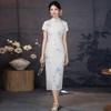 White Modern Chinese Style Long Cheongsam Dress 2026 Womens Vintage Short Sleeve Elegant Wear
