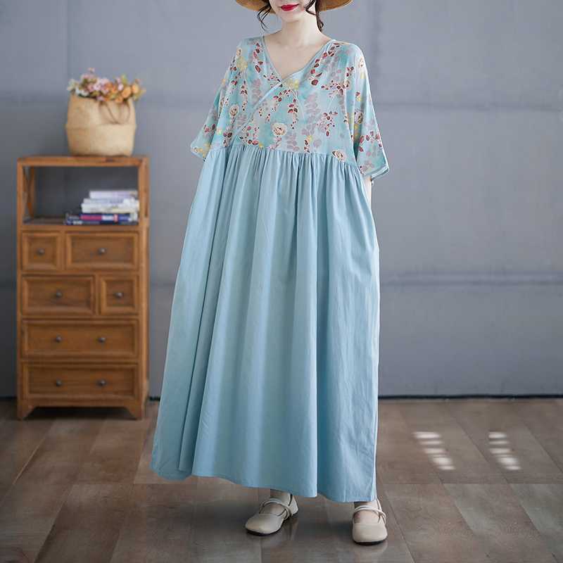 Cotton and Linen Summer Patchwork Retro Style Dress Long Skirt