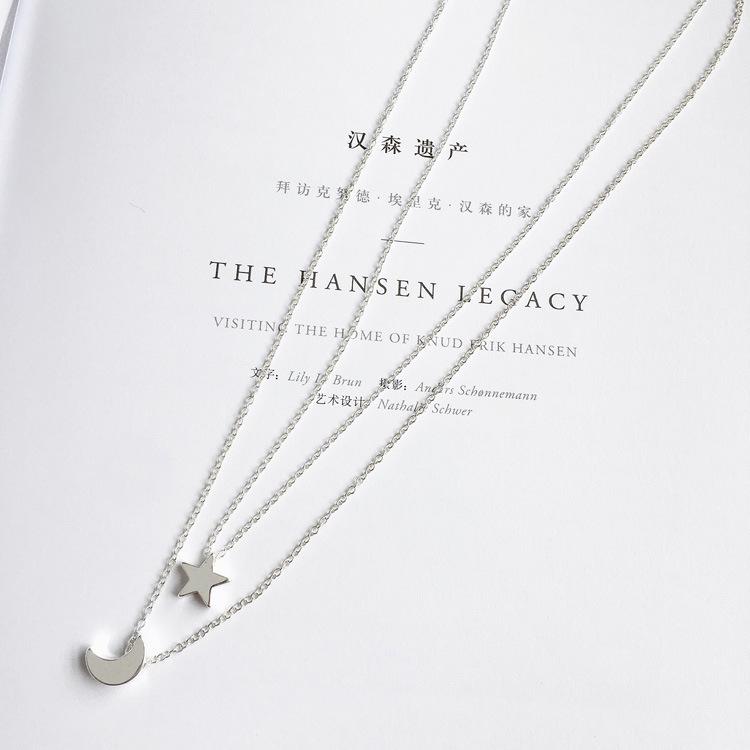 European and American Fashion Metal Double Layer Star and Moon Pendant Necklace Korean Style Fashion Versatile Women's Necklace